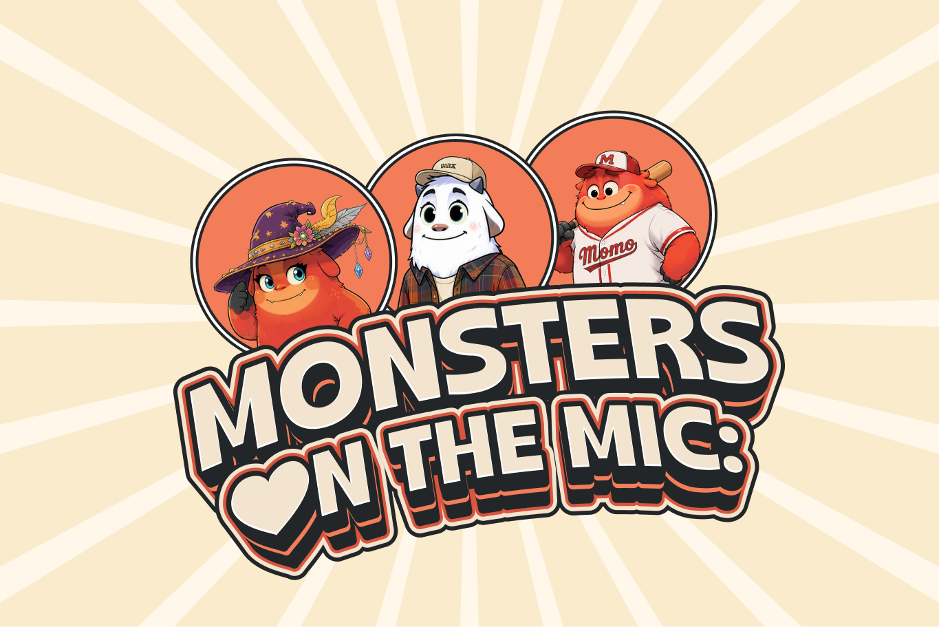 Madame Momo, Momo Jr and Yeti recording Monsters on the Mic beneath a glowing ON AIR sign